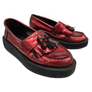 T.U.K. Womens Metallic Burgundy Red Platform Loafers Tassels US Size 5